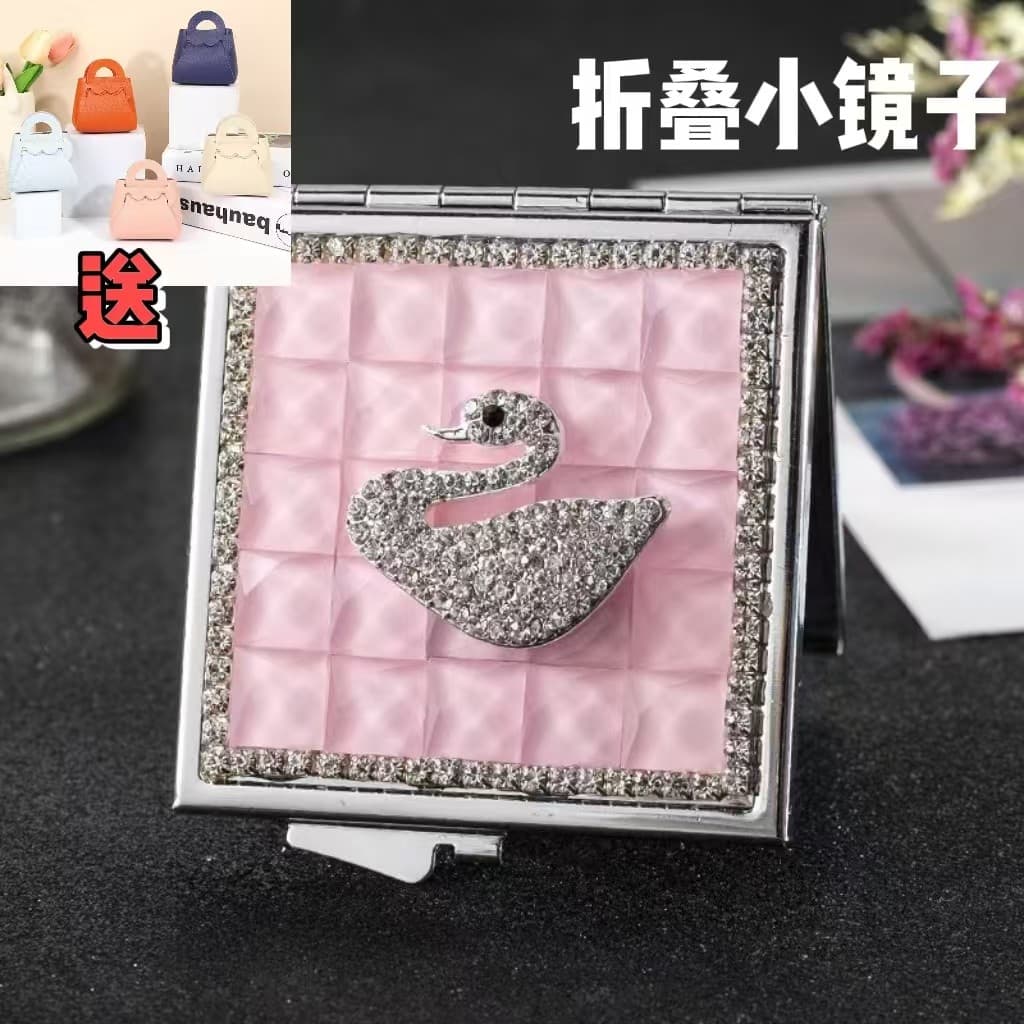 Espelho pequeno de Metal quadrado espelho de maquiagem presente atacado vara diamante cisne dupla face dobrável portátil