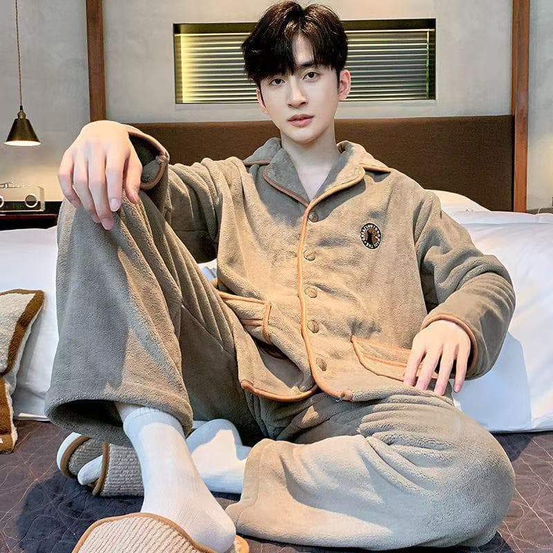 [Antiestático] Pijama de flanela masculino forro de lã de inverno engrossado conjunto de Loungewear de lã Coral quente