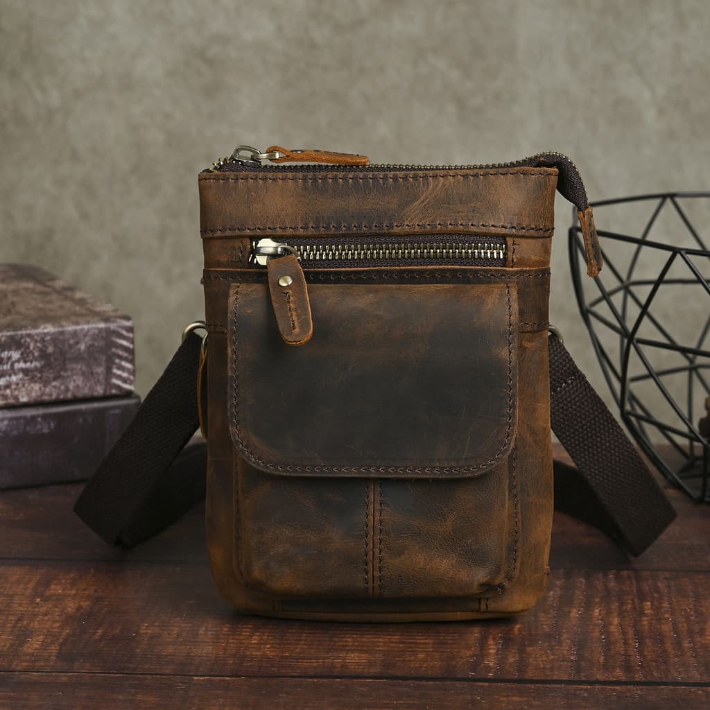 Feito à mão Retro Crazy Horse couro cintura saco masculino único motociclista saco de peito Multi-bolso grande-