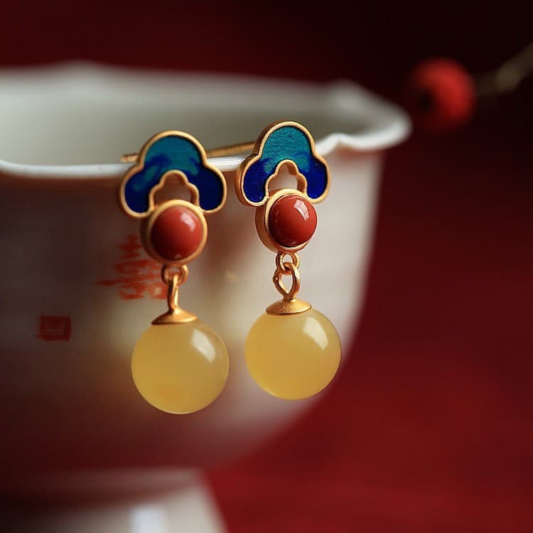 Brincos Ruyi em Prata Esterlina 925, Elemento Versátil de Estilo Chinês, Brincos de Esmalte Colorido, Conjunto de Brinco