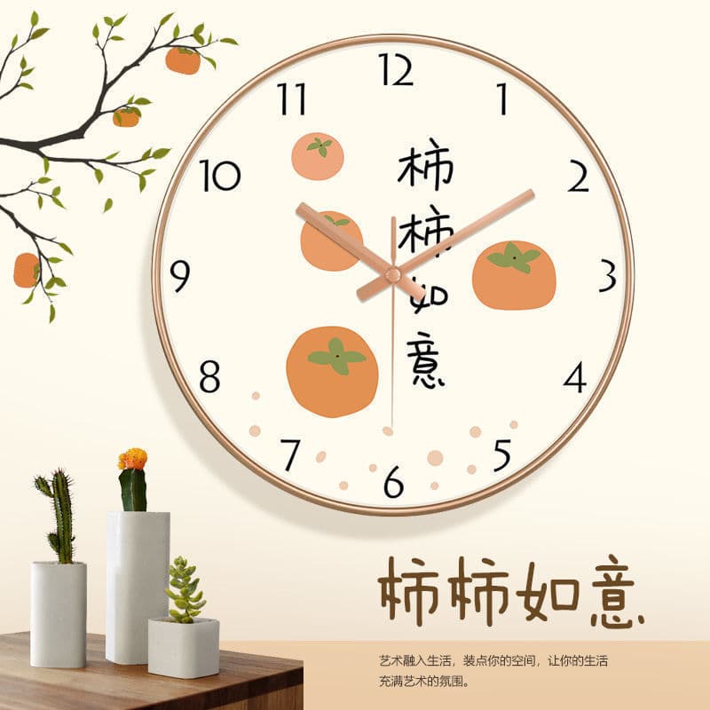 [Estoque pronto] Relógio de parede redondo para sala de estar doméstica estilo chinês quarto criativo caqui caqui relógi