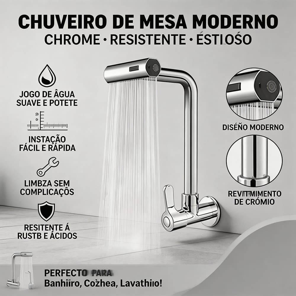 Torneira de Cozinha de Parede em Aço Inoxidável 4 Modos Jato Chuva 360° Água Quente e Fria Doméstica