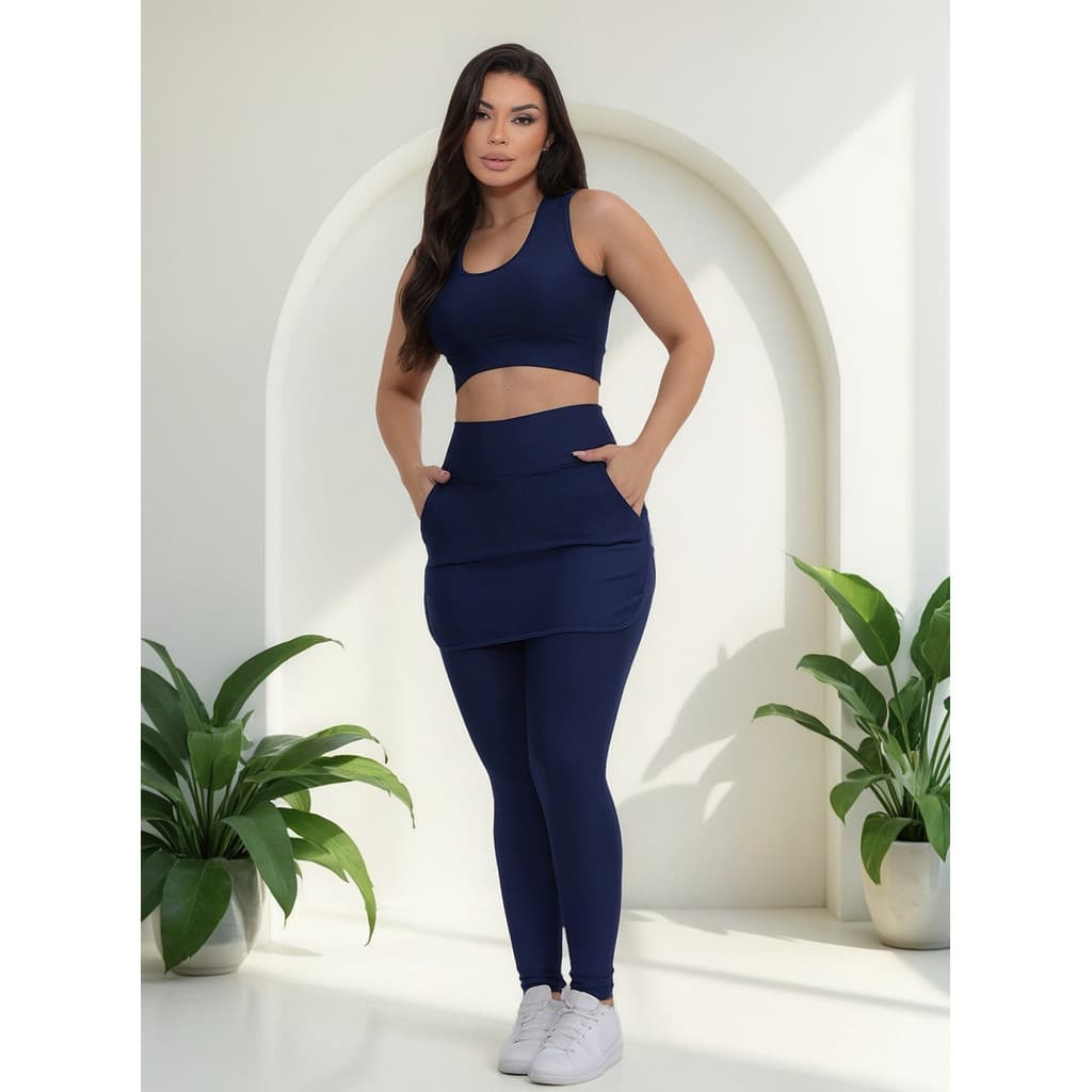 Calça Legging Saia Top Conjunto Com Bolsos Feminino