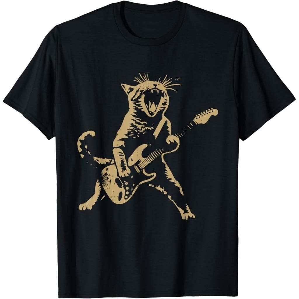 Camiseta Masculina Rock com estampa do Cat Playing Guitar - Funny Guitar Cat T-Shirt