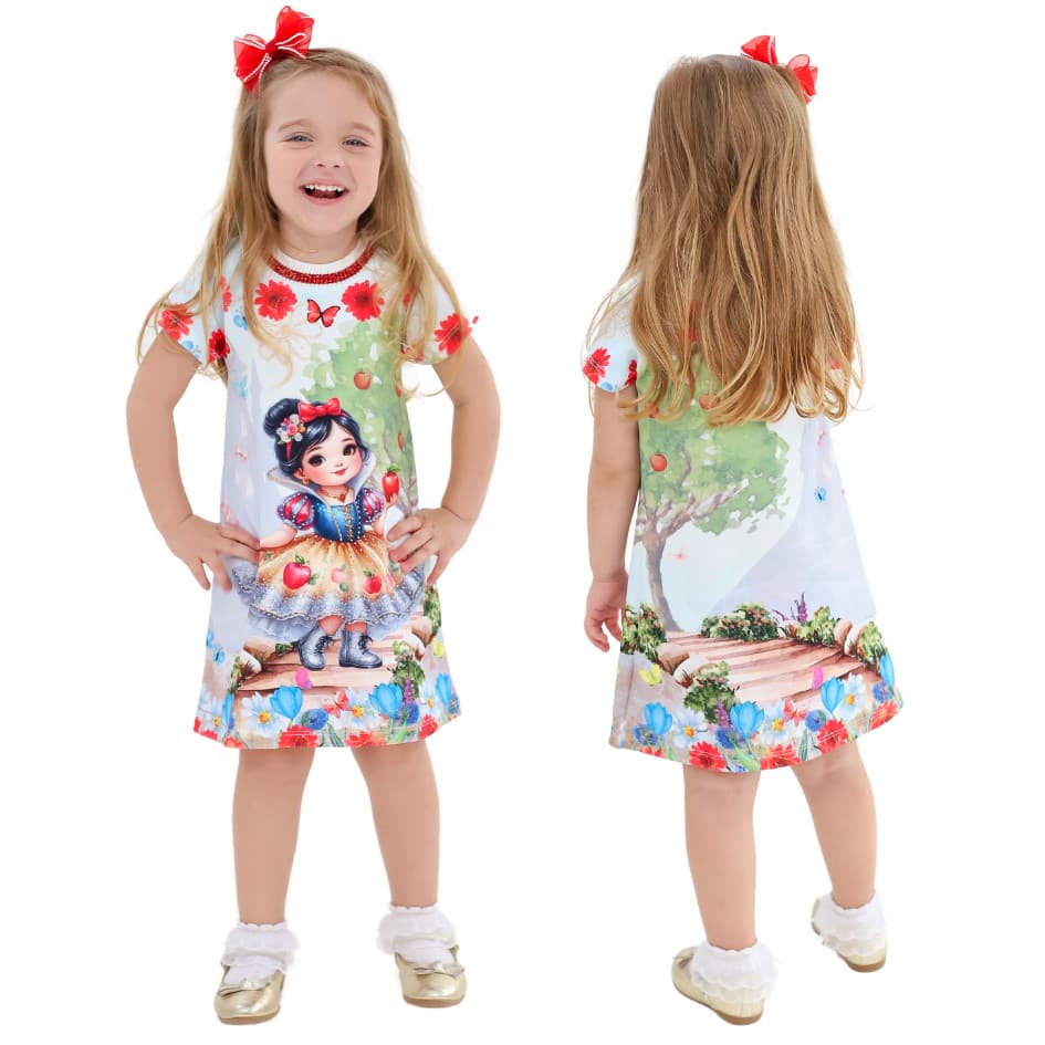 Vestido Infantil Menina Branca de Neve com Strass GOLA DOURADA