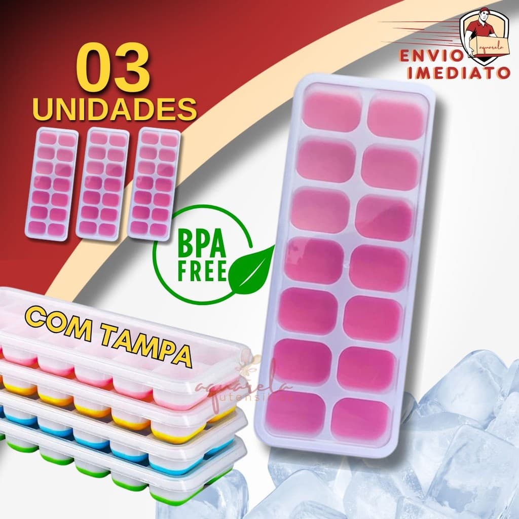 Forma de Gelo Com Tampa Forminha Fundo Silicone Flexivel 14 Cubos Gelo Frutas Papinha