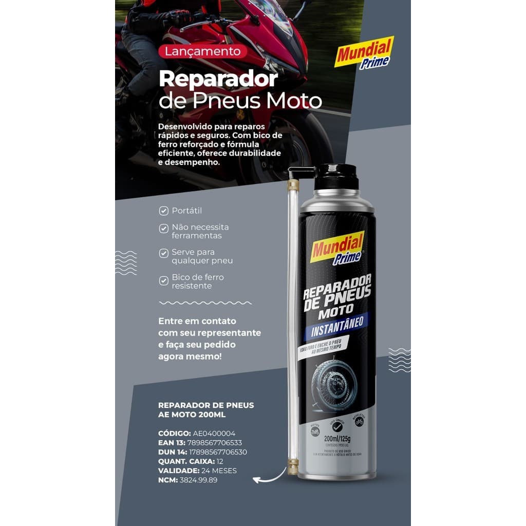 Reparador De Pneus 200ml Mp10 Mundial Prime-FACILITA SUA VIDA NA ESTRADA - COMPACTO PARA LEVAR NA MOTO
