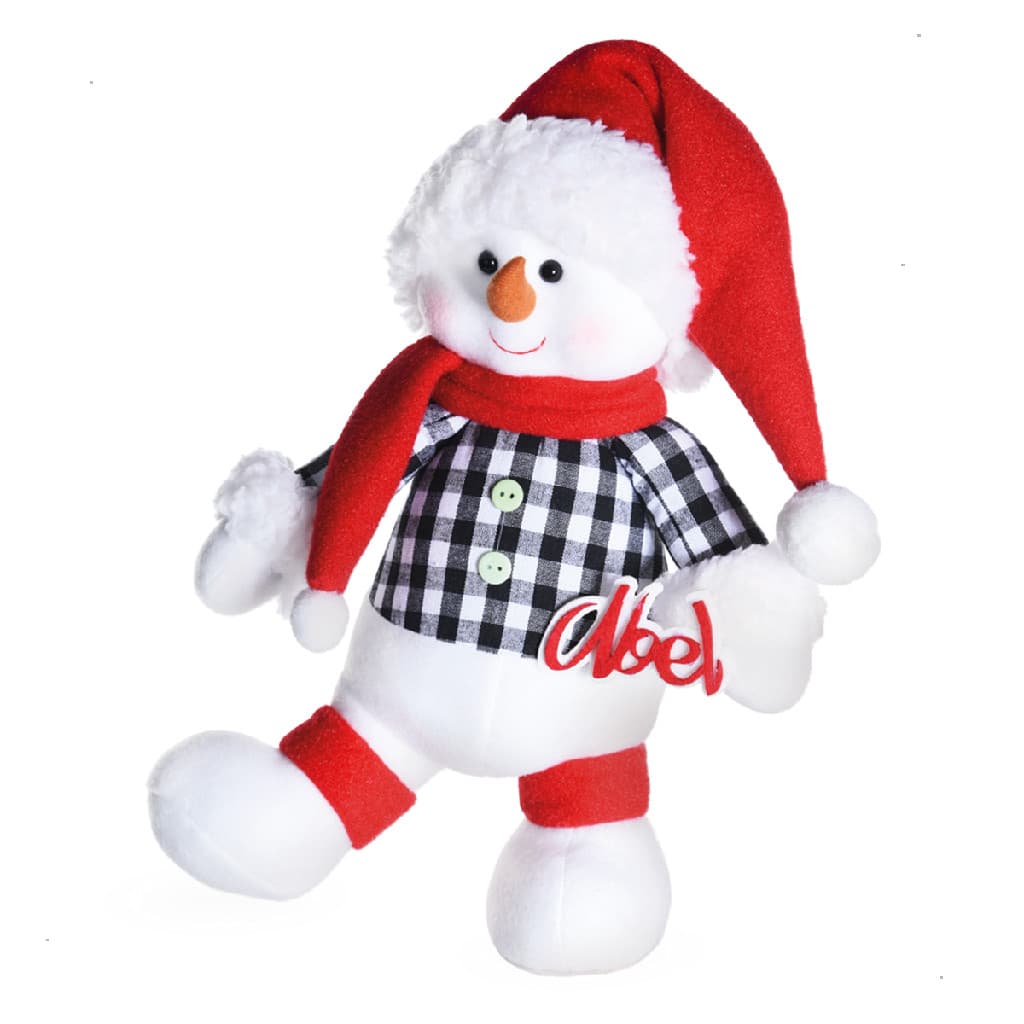 Boneco de neve sentado de pelúcia decorativo de natal com placa noel 30cm