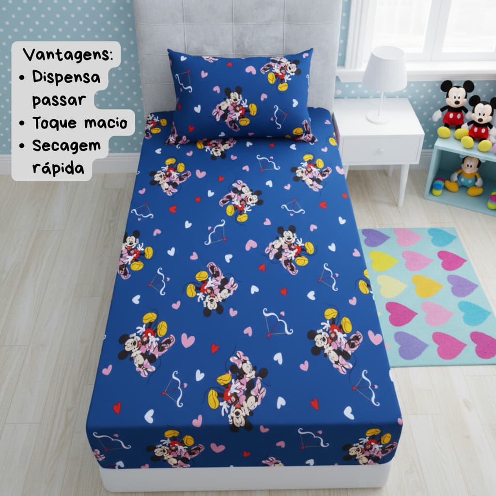 Jogo de Cama Solteiro Infantil com Elástico 2 Peças Azul Disney Mickey e Minnie
