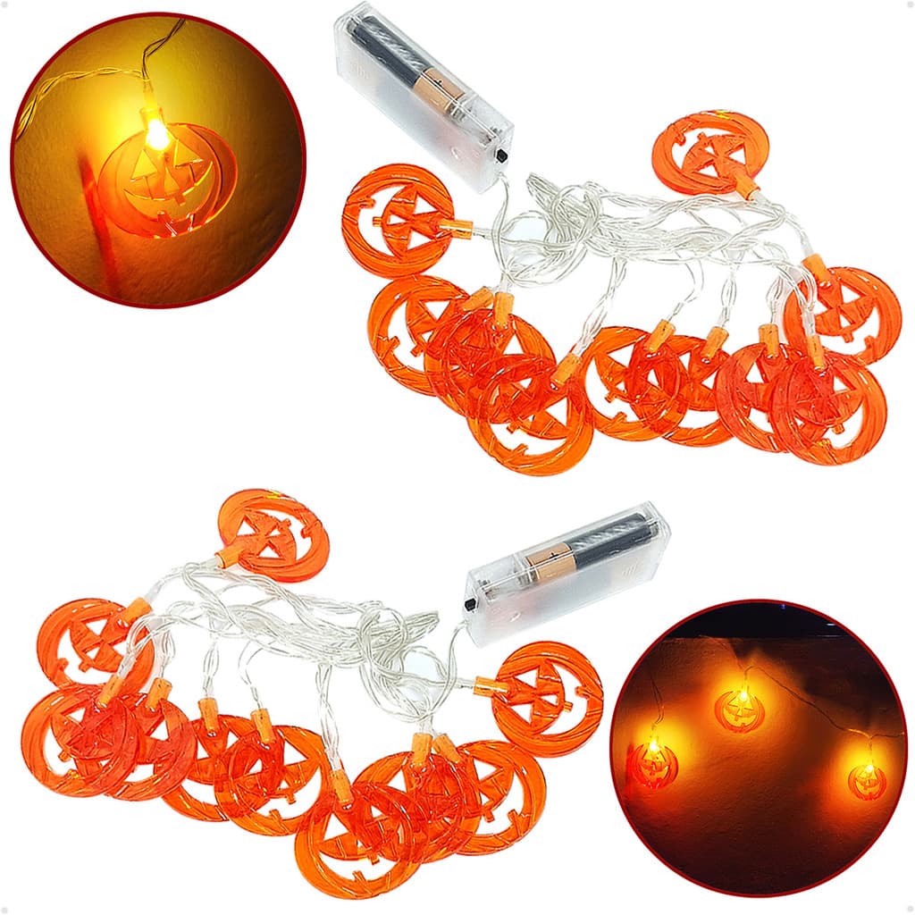 Kit 2 Abóbora Acrílico Varal Luz Halloween Luminária Led 2mts