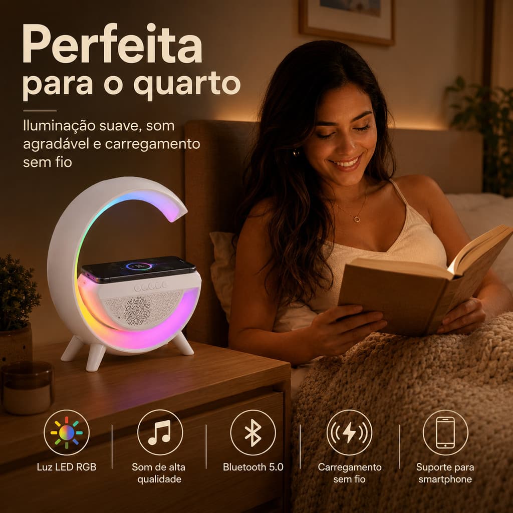 Luminária de Mesa RGB 3 em 1 Caixa de Som Bluetooth Carregador por Indução Relógio Digital