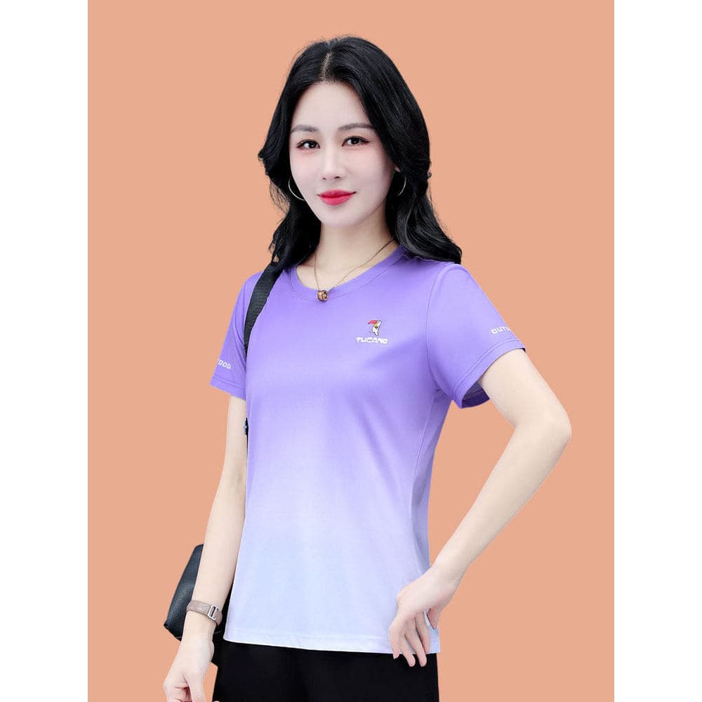 Woodpecker genuíno gelo seda manga curta camiseta feminina verão fino de meia-idade feminino em torno do pescoço Casual