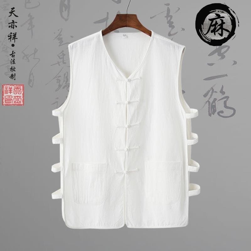 Verão fino linho colete estilo chinês Tang terno colete masculino clipe casaco fivela velho moletom pequim colete