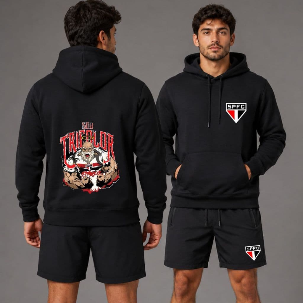 Kit Moletom e Bermuda Tactel Masculina Tricolor Adulto Conjunto São Paulo Bermuda e Blusa de Frio