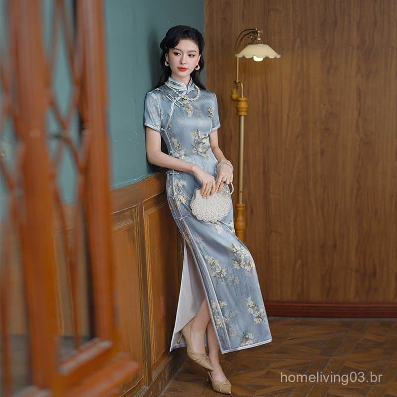 Vestido Longo Feminino de Seda Retrô Chinesa para o Verão 2026, com Toque Sofisticado, Azul para Uso Diário 3OFY