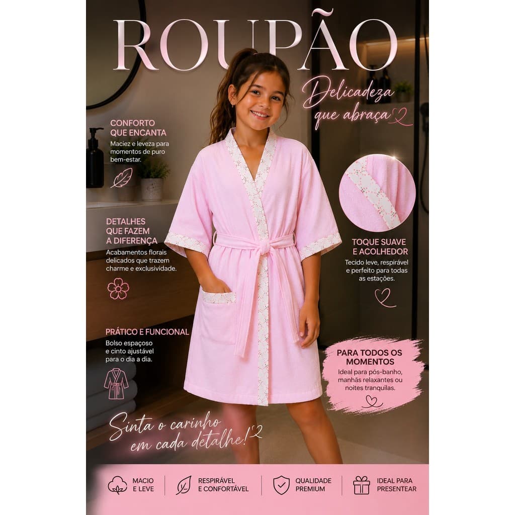 Roupão de Banho Infantil e Adulto Feminino Menina Mulher  Atoalhado Macio Delicado SPA CLINICA HOTEL