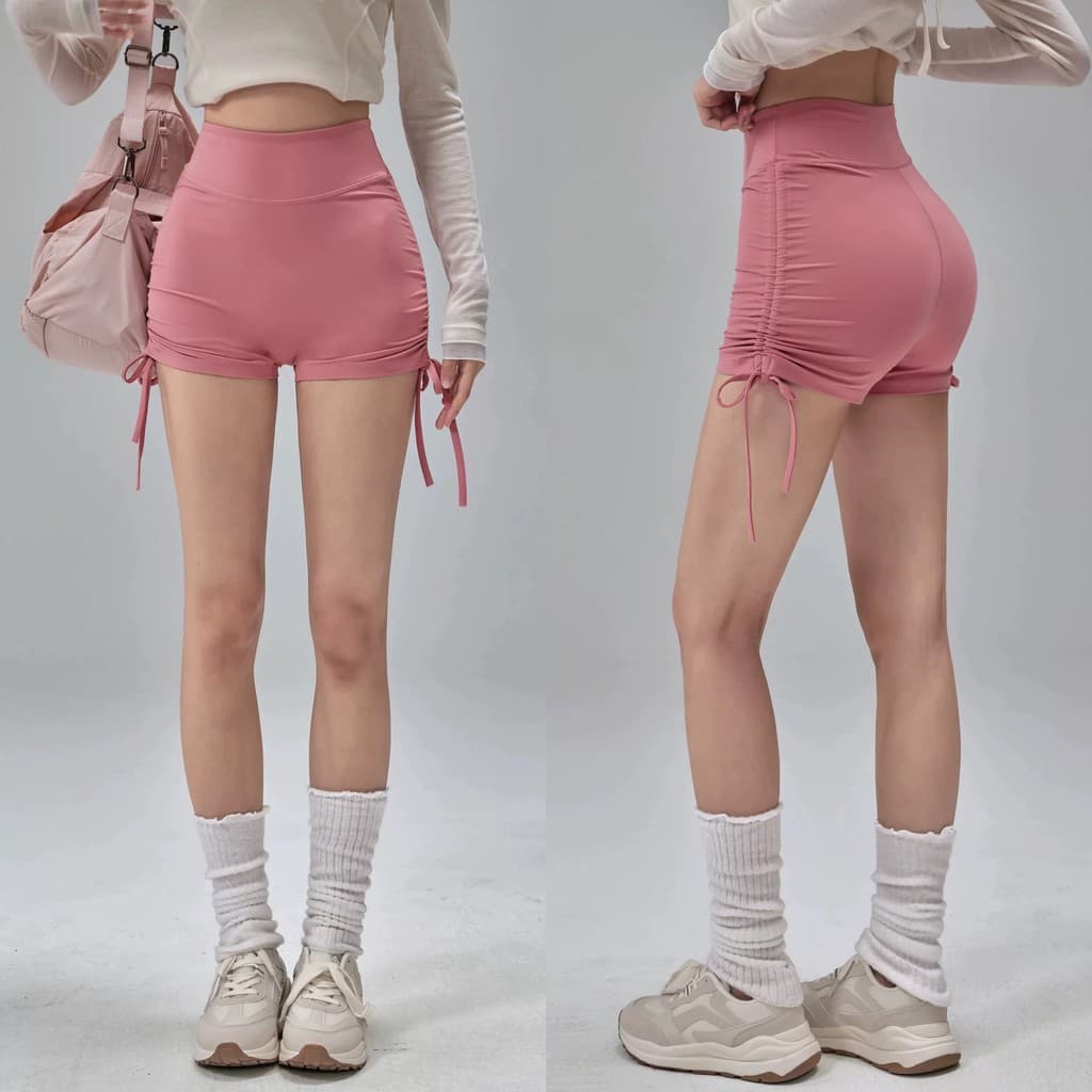 Shorts de ioga com levantamento de quadril, cordão plissado, Fitness, esportes ao ar livre, ciclismo, manga curta, elást