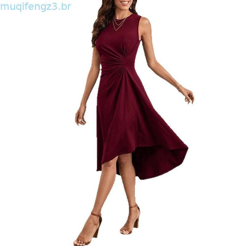 2025 Vestido Midi De Verão Sem Mangas Cor Sólida Evasê Com Babados