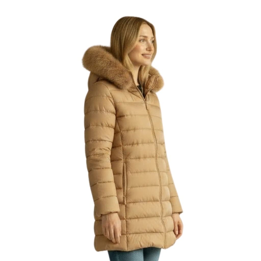 Jaqueta Alongada Nylon Safira Feminina Forrada c/ Pelo e Capuz Removível