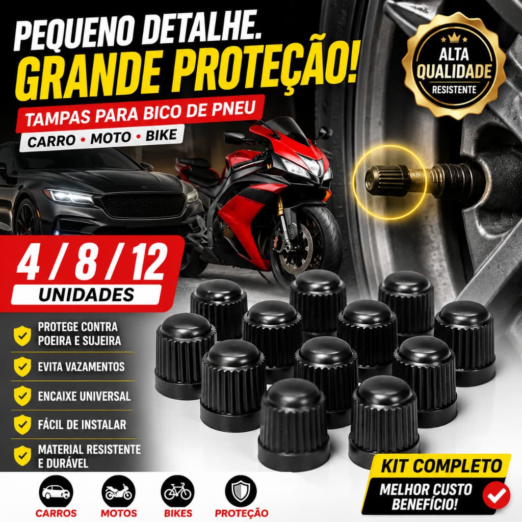 Kit 4 / 8 / 12 Tampas Para Bico de Pneu Carro Moto e Bike - Tampinhas Pretas