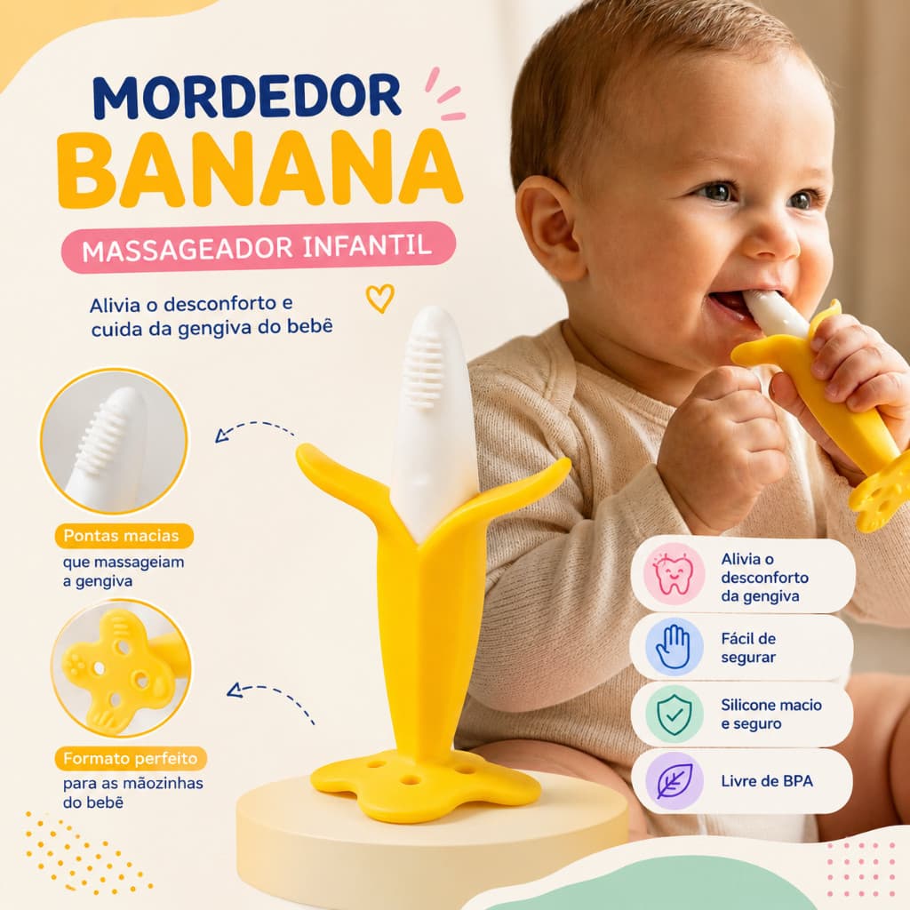 Mordedor Banana para Bebê Massageador de Gengiva Macio em Silicone