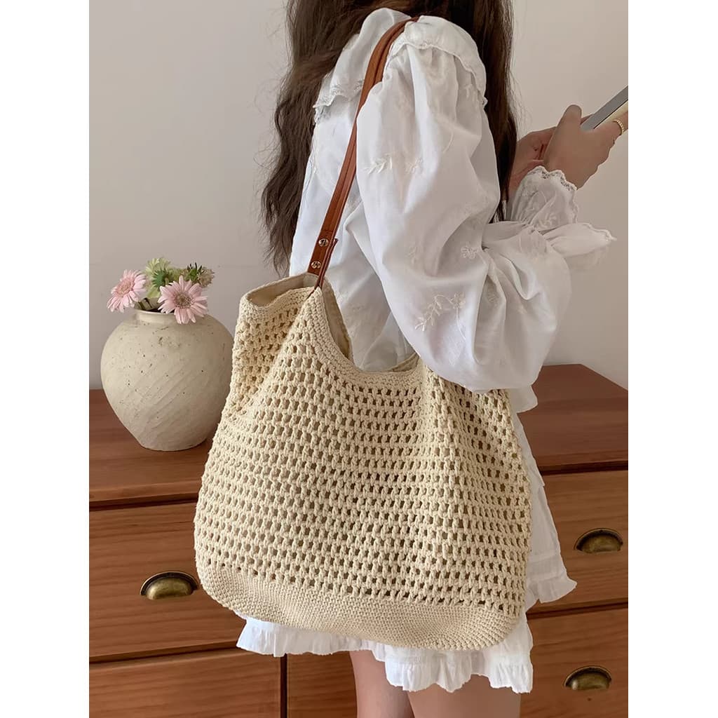 Bolsa de grande capacidade feminina 2026 novo estilo All-Match um ombro à beira-mar férias praia saco tecido palha Commu