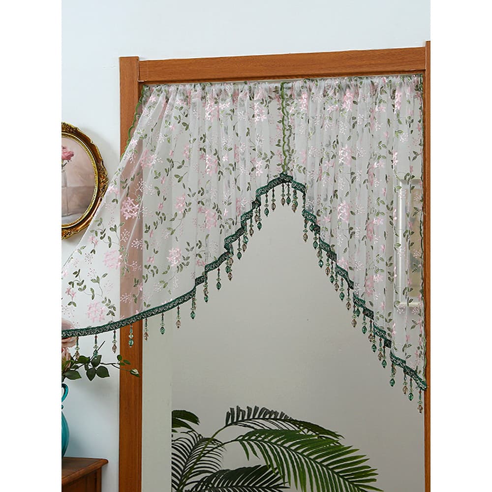 Cortina de gaze de renda com pingente francês, cortina divisória de porta curta sem perfuração, quarto, sala de estar, m