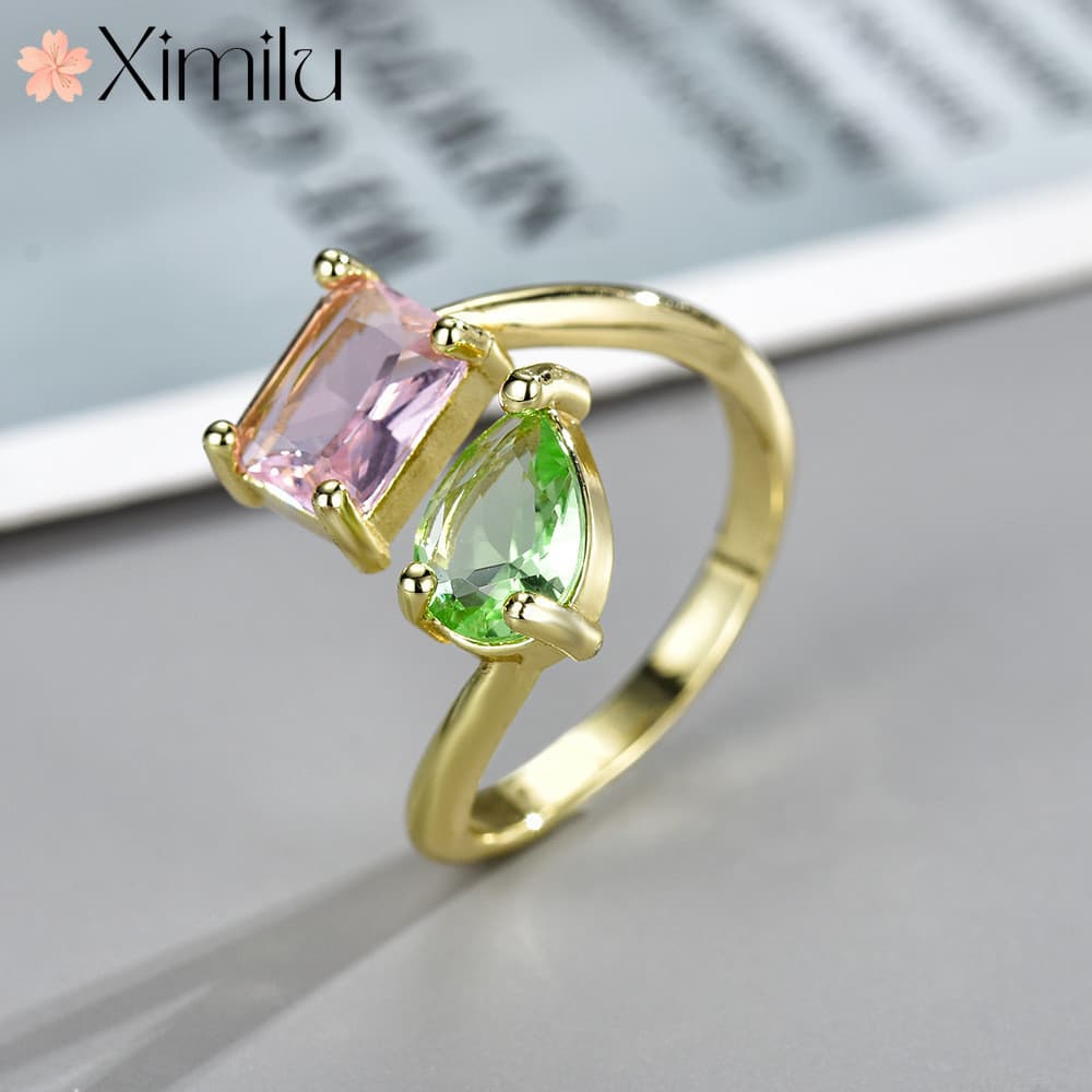 ❤ Cor Original pedra Seiko incrustado rosa verde cristal anel feminino simples moda geométrica jóias