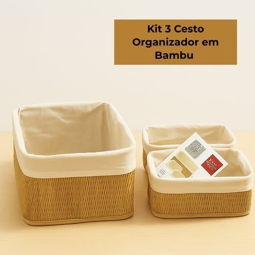 Kit 3 Cestos Organizadores Bambu Natural Multifuncoes Decoracao Duravel