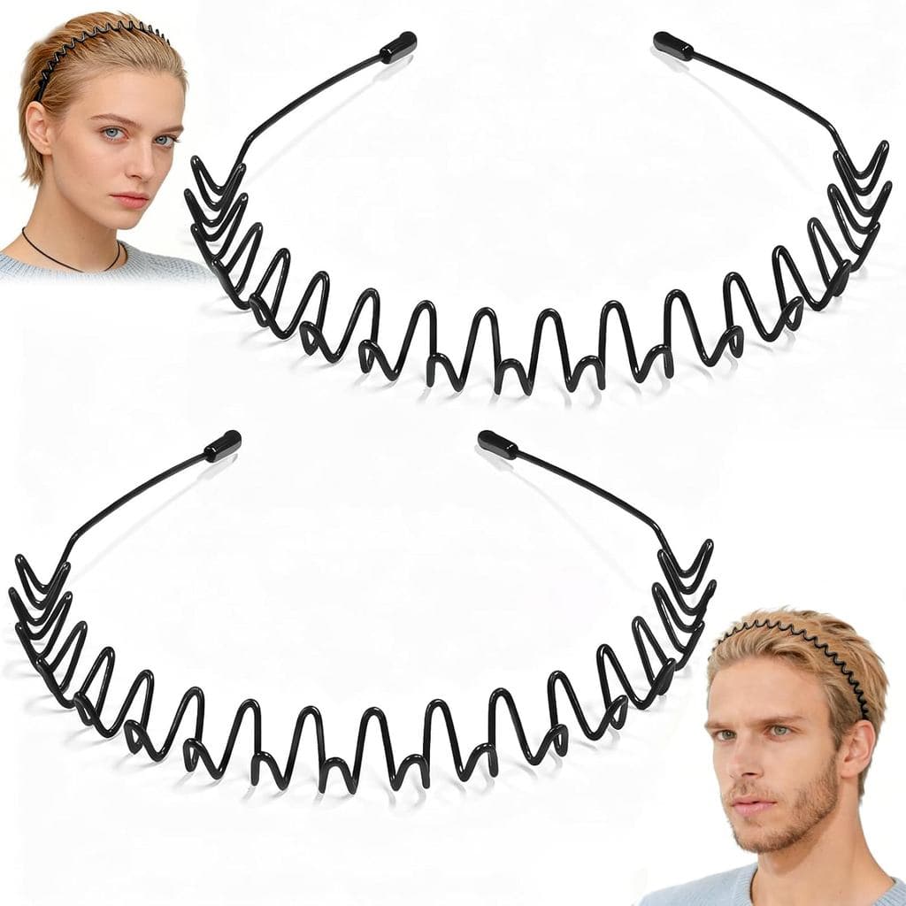 2 Peças de Faixa de Cabelo de Metal, Faixa de Cabelo Ondulada de Metal para Homens e Mulheres, Elástica e Antiderrapante