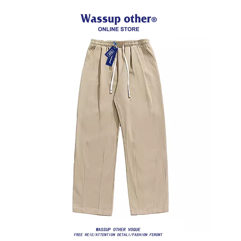 WASSUP OUTRO Macacão Japonês Masculino Puro Algodão Solto Reto Calças de Perna Larga Street Wear Casual Calças Compridas