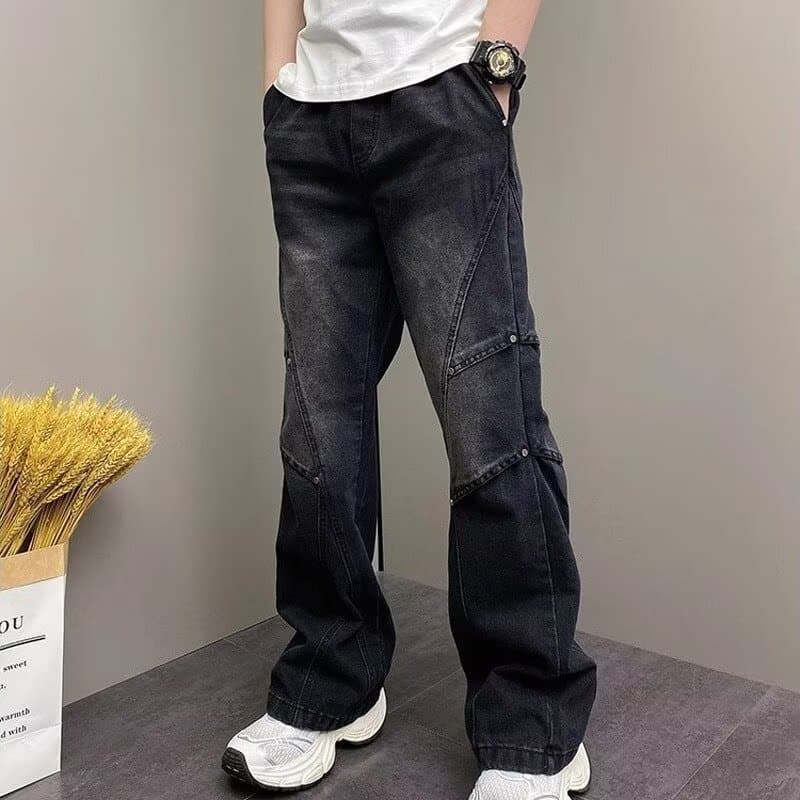 Cordão cintura elástica na moda masculina All-Match lavado rufião bonito solto Harlan em linha reta perna larga Casual J