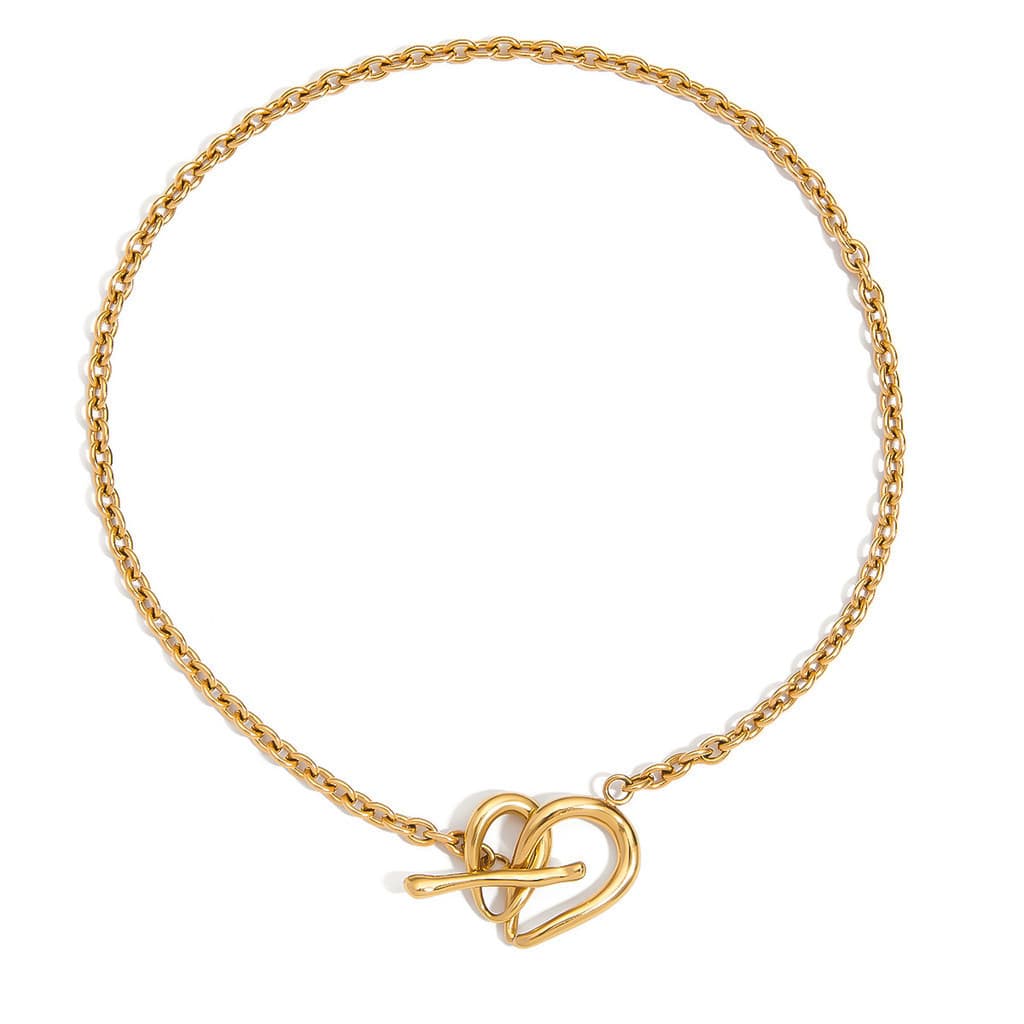 Colar de aço inoxidável com nós e banho de ouro 18K, design elegante, colar em formato de coração.