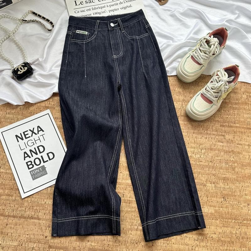 Jeans azul reto feminino primavera outono 2026 novo estilo cintura alta pequeno mais magro olhar solto calças de perna l