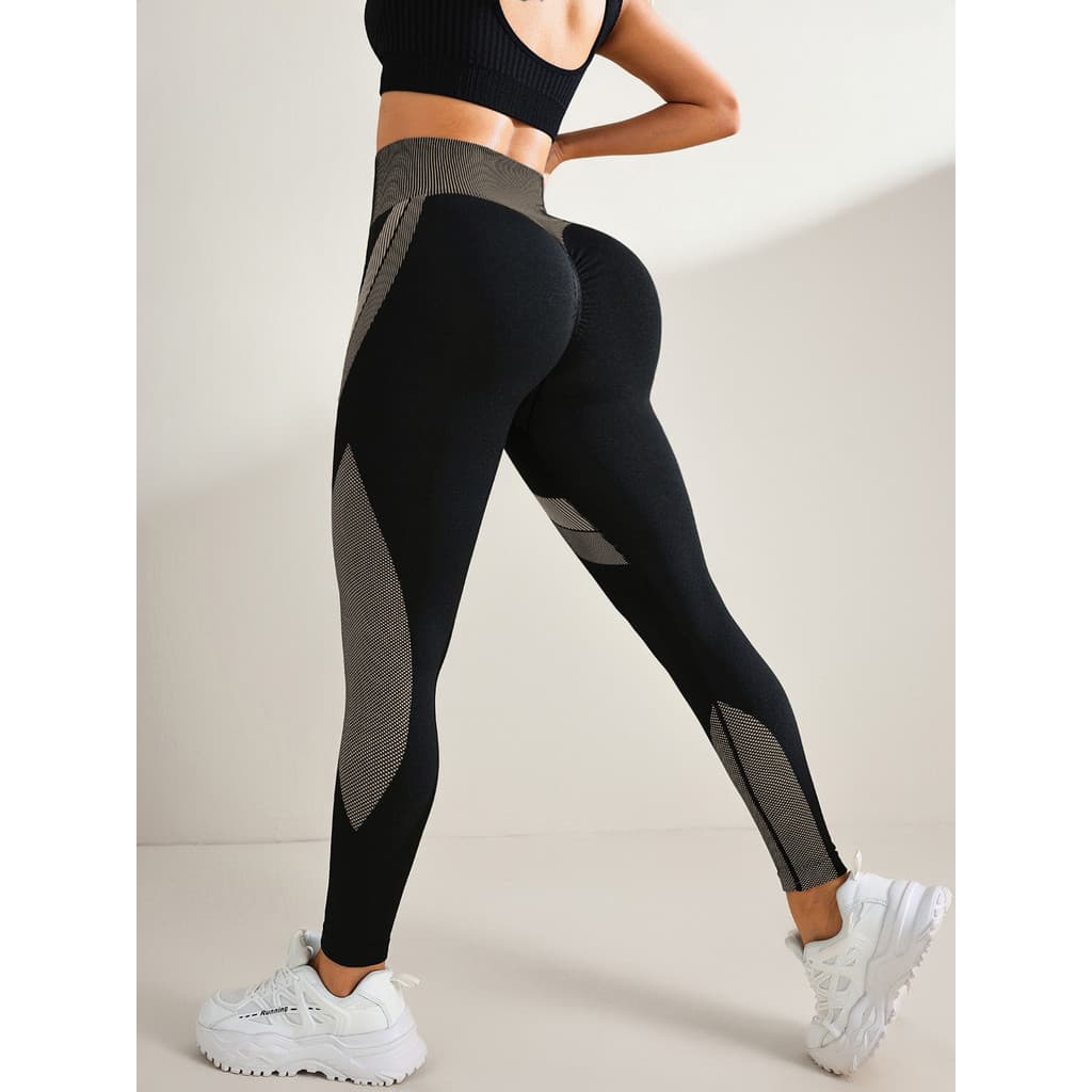 Sem costura respirável cintura alta contraste cor calças de yoga feminino magro Hip Lift preto longo listrado esportes y