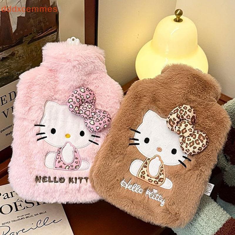 [dddxcemmes] 500/1000ML Bonito Estampa De Leopardo Hello Kitty Garrafa De Água Quente De Pelúcia Ins Forro Espessado Aqu