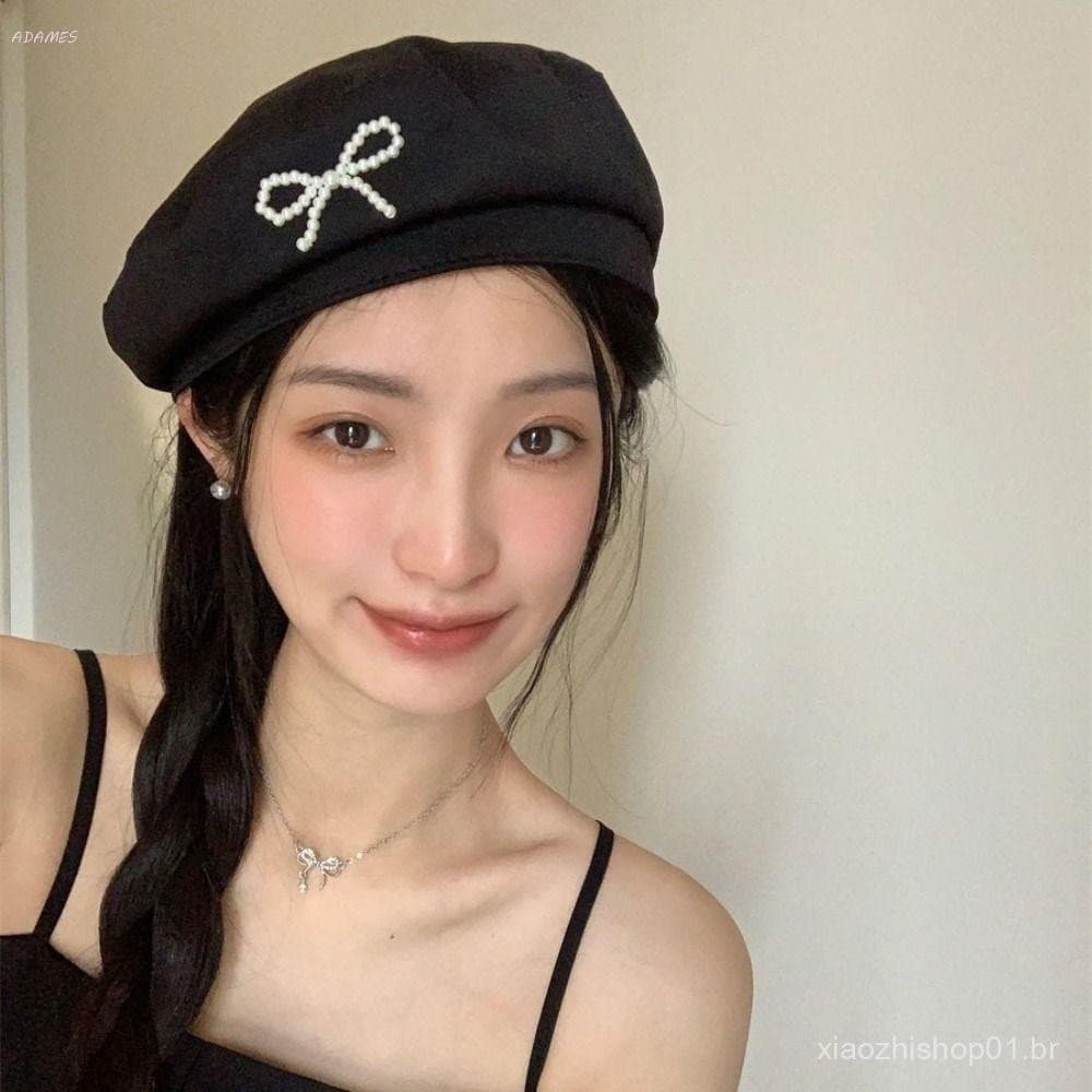 Boina Com Laço , Chapéu Octogonal Feminino De Cor Sólida Pérola , Boné De Jornaleiro Estilo Britânico Para Menina
