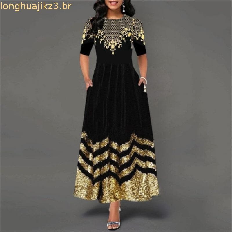2023 Mulher Manga Média Vestido Africano Impresso De Pescoço Longo Redondo Elegante Retro