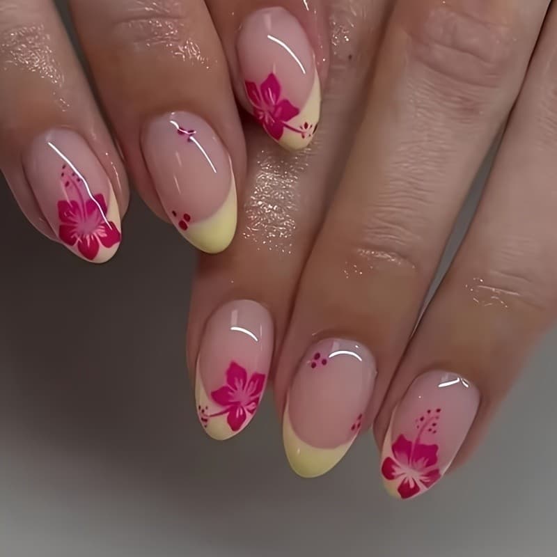 Atualize seu estilo 24 peças de Manicure usando unhas borda amarela flor vermelha formato de amêndoa clareamento All-Mat