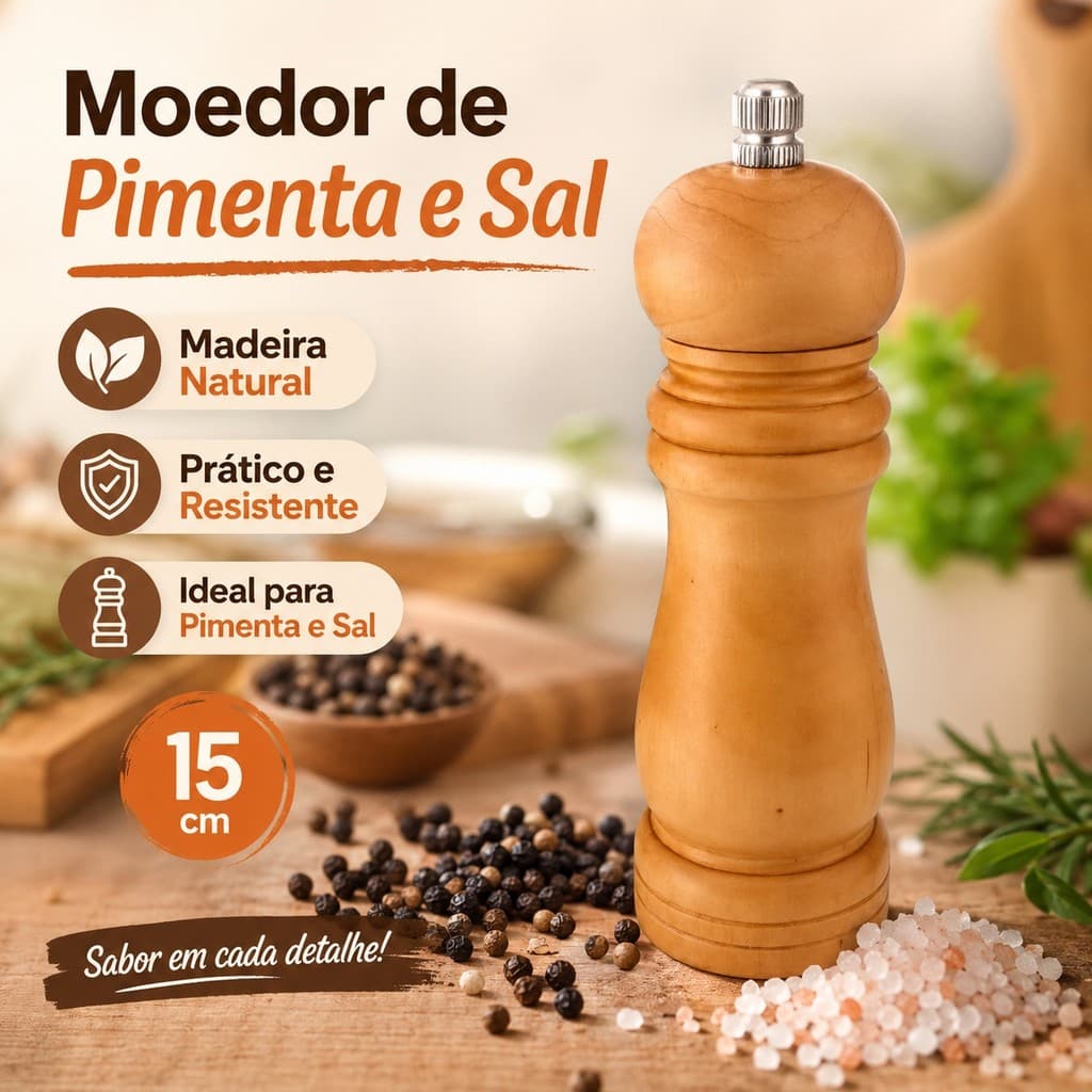 Moedor De Sal Pimenta Especiarias Em Madeira Premium 15 cm