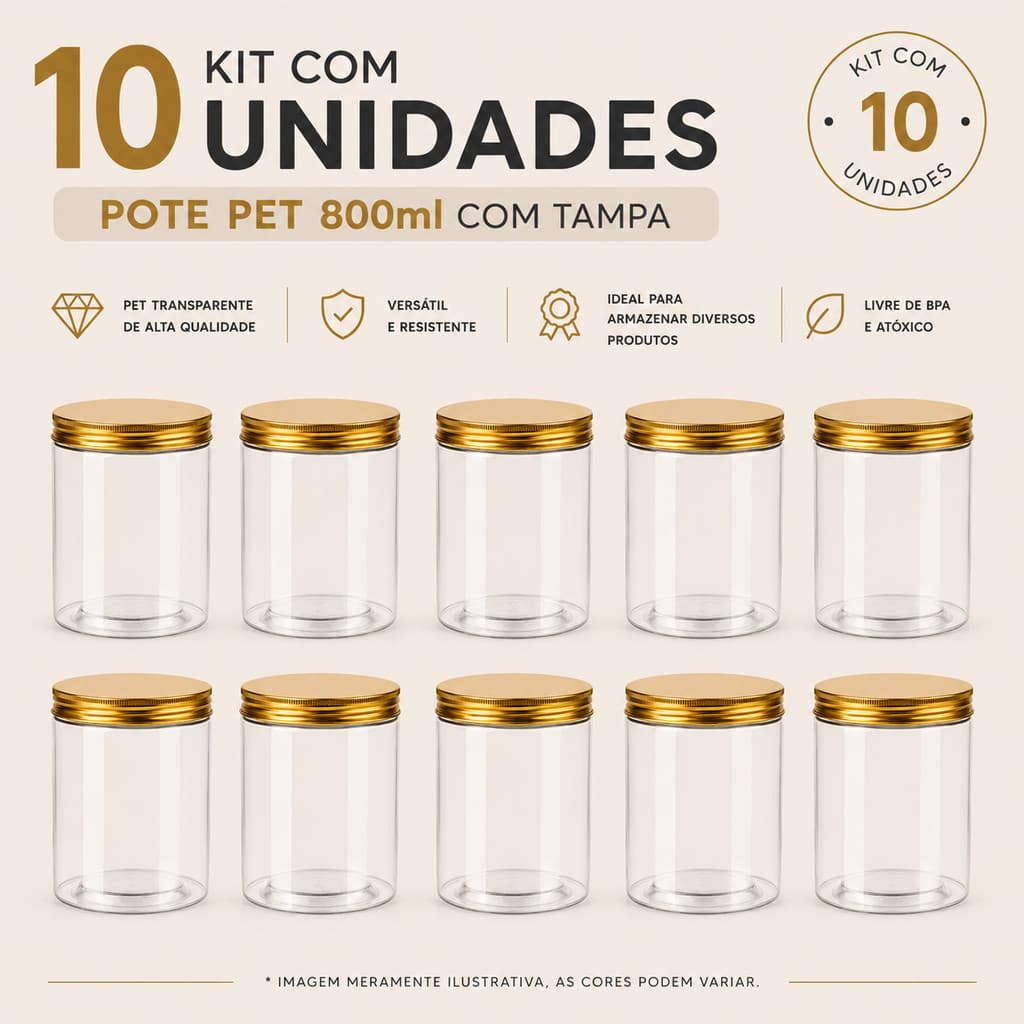 Pote PET Redondo 800ml Kit 10 Tampa Dourada Rosca Cookies Pipoca Gourmet Biscoitos Bombons
