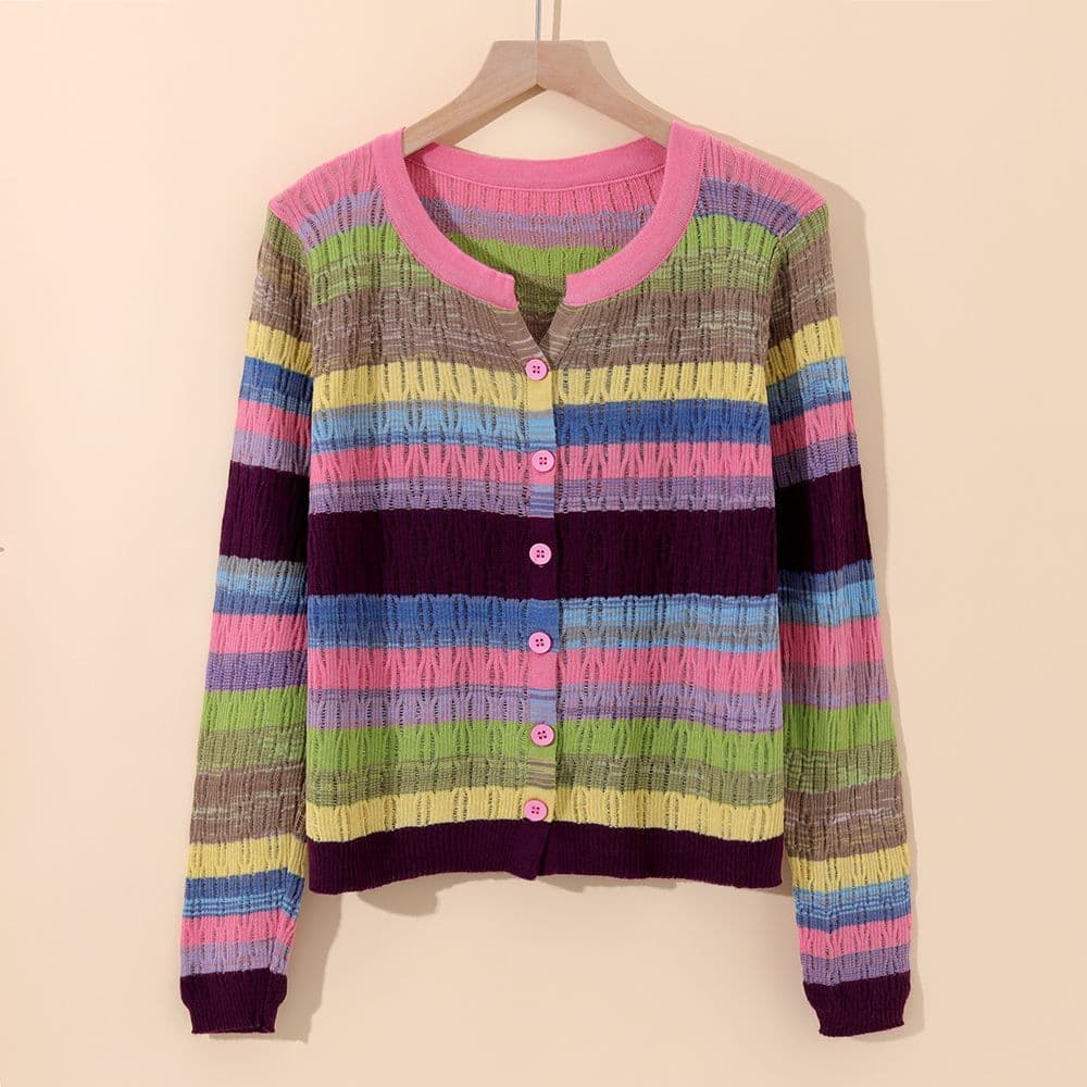 K Cardigan de malha feminino outono novo estilo listras coloridas Design de manga comprida nicho com decote em V mais ma