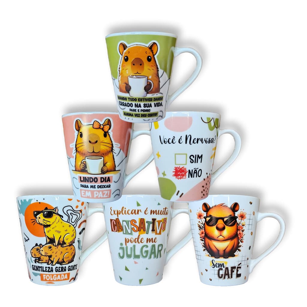 Canecas de porcelana decoradas, 290 ml, xícara, café, chá, Col1-CAPIVARAS - 6 canecas