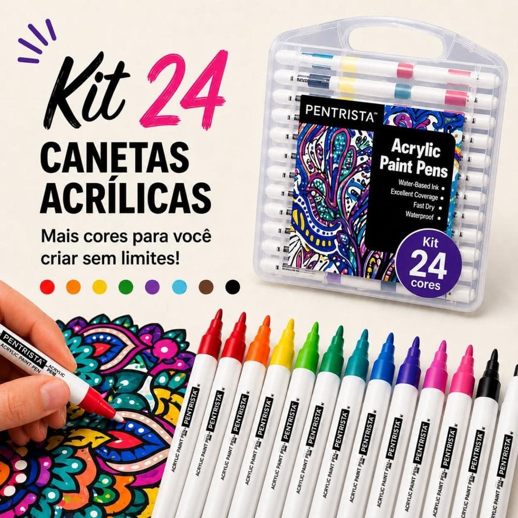 Kit Caneta Acrílica 24 Pintura 3D Marcador Tinta Permanente Madeira Tela Vidro Cerâmica, Tecido, Plástico e Artesanato