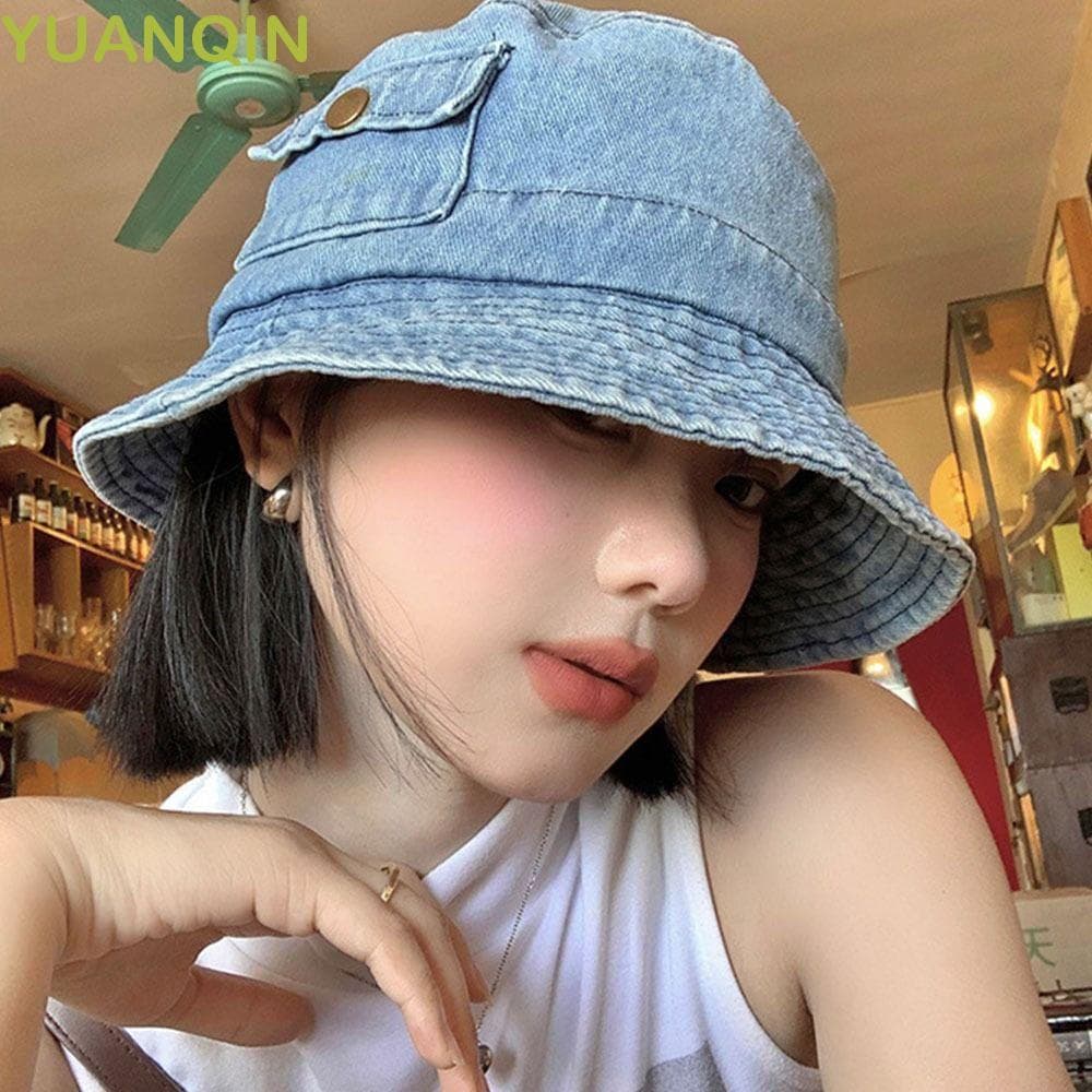 Chapéu Bucket de Denim YUANQINZT, Chapéu de Sol Vintage de Cor Sólida com Bolso, Boné de Pescador Coreano para Viagem OC