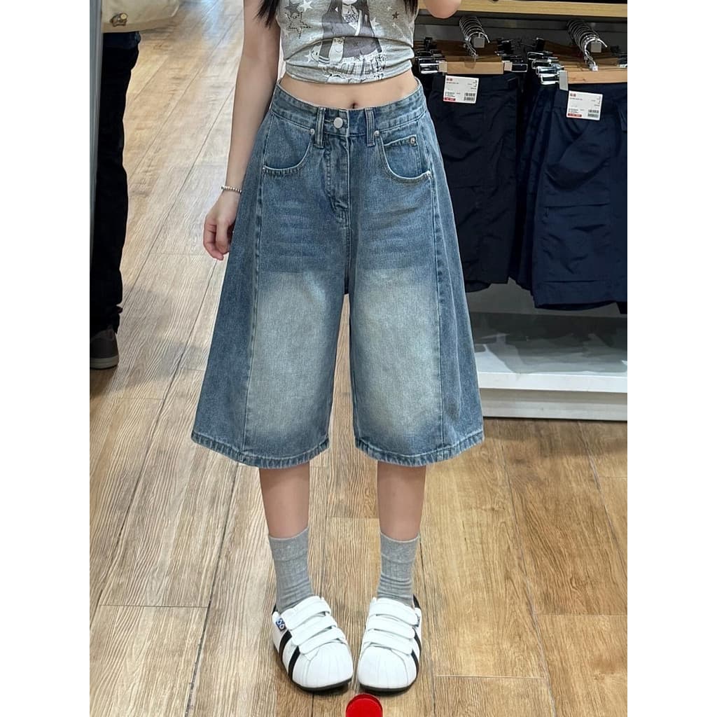 Jinjing mesmo estilo Denim calças médias mulheres verão Plus Size gordura mm solto Casual All-Match Shorts de perna larg