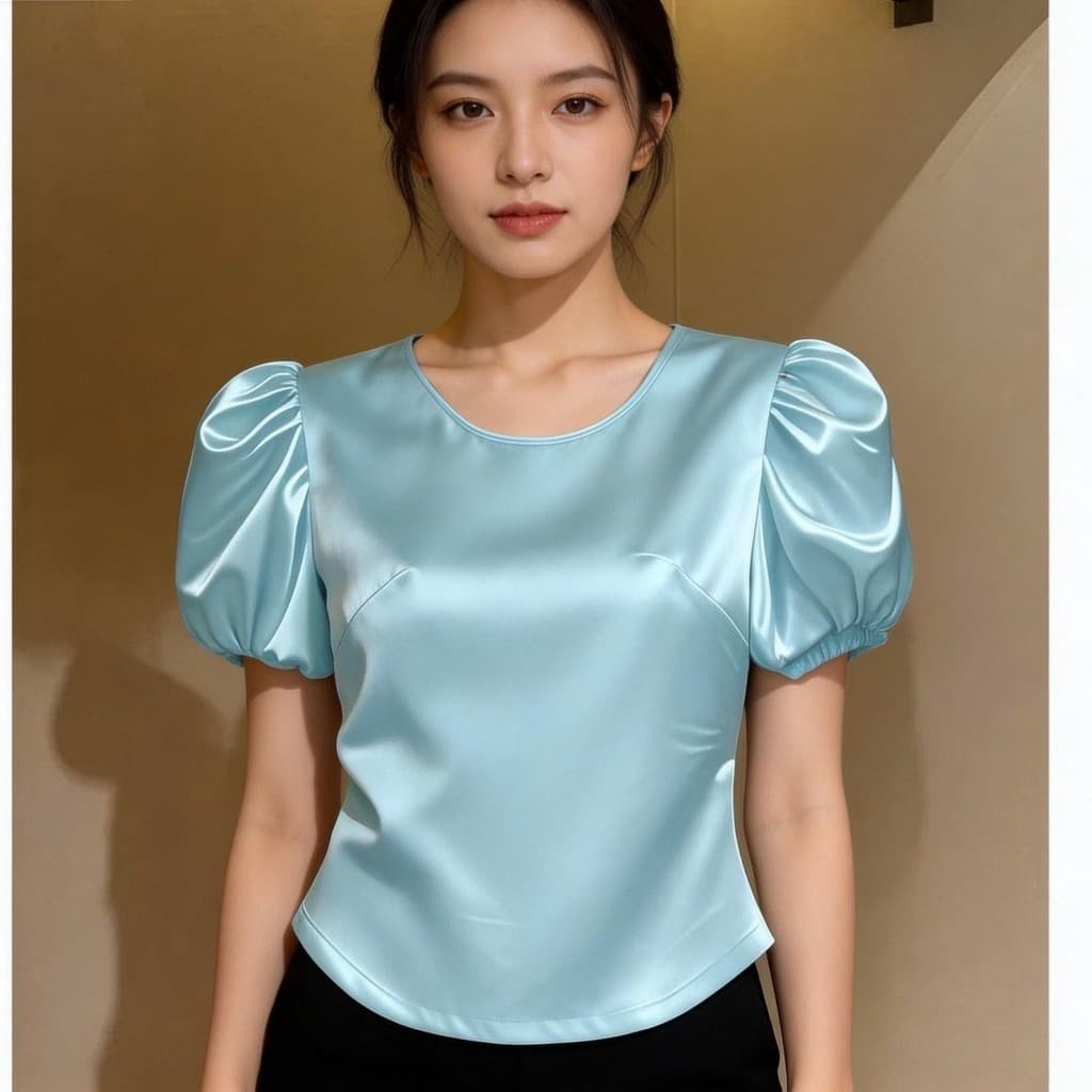 T elegante manga bufante em torno do pescoço camisa pequena feminina verão novo estilo fino ajuste mais magro olhar All-