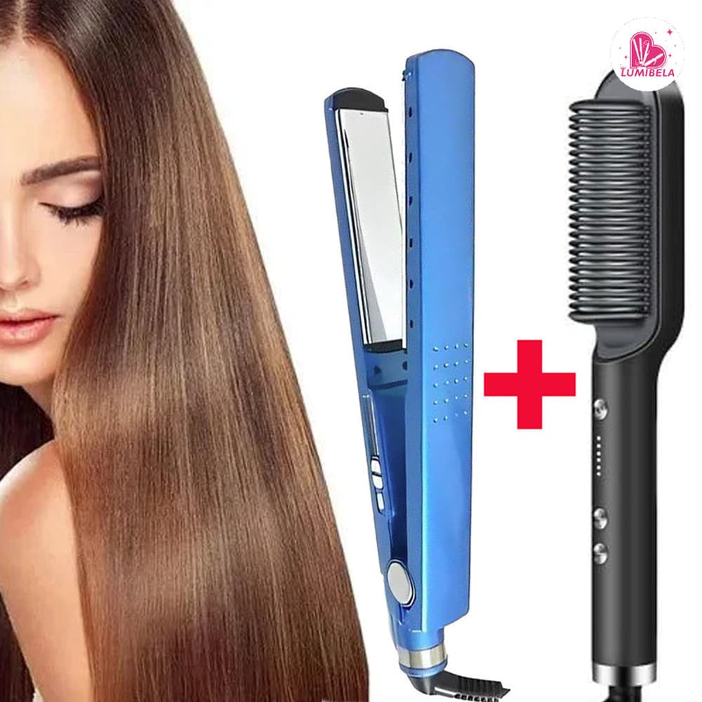 Alisador de cabelo + pente aquecido em conjunto bivolt, aceitando tensões de 110V e 220V sem complicações