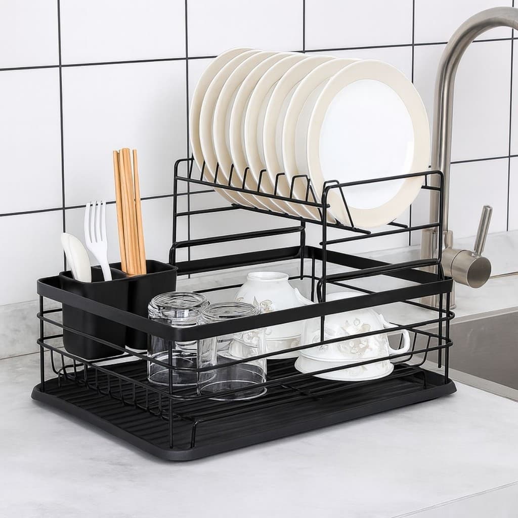 Escorredor de Louça Organizador 2 Andares Rack Preto e Branco