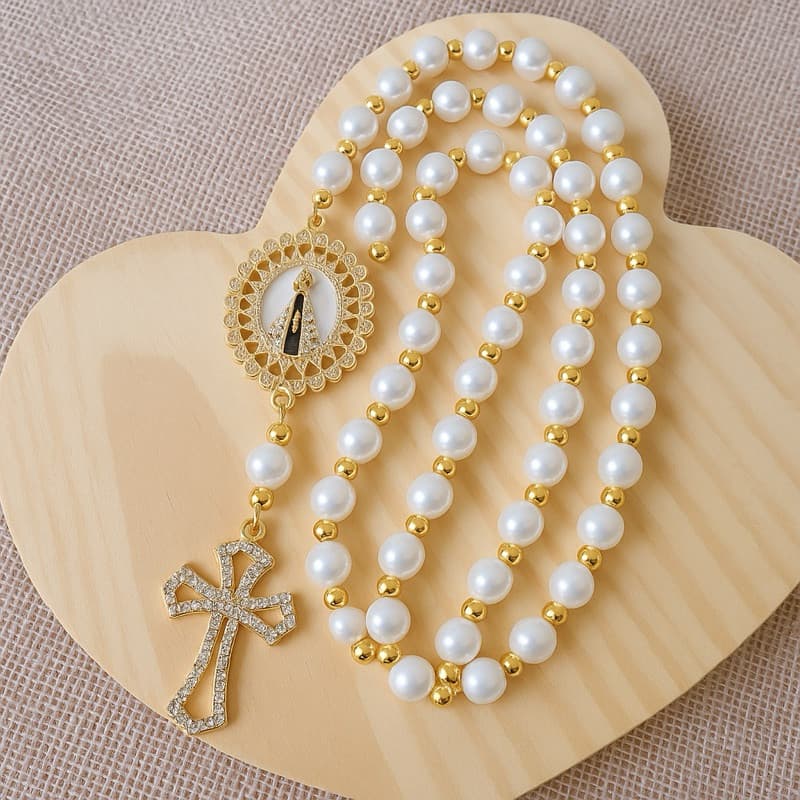 Terço Noiva Casamento Nossa Senhora De Aparecida 66Cm de Luxo Contas 10mm Igreja Católica